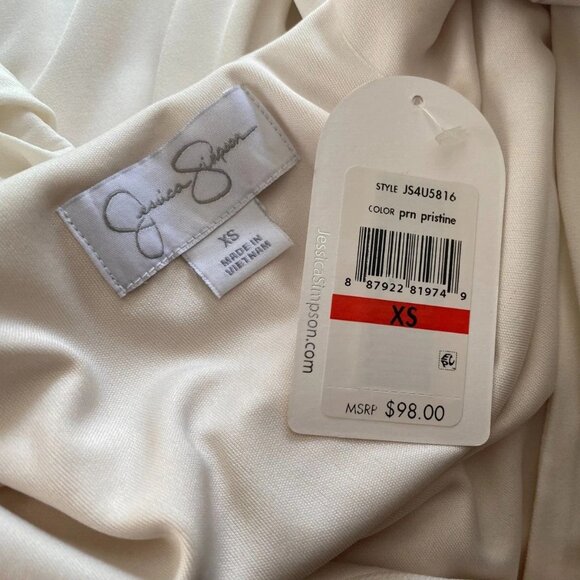 JESSICA SIMPSON ivory Y2K Mock Wrap V-Neck fringe Belted Mini Dress *X-SMALL* - Picture 6 of 6